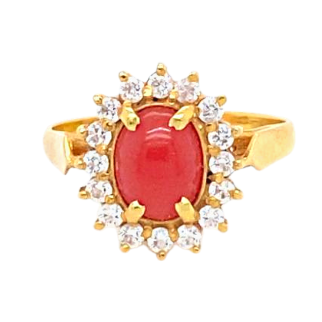 24KT Gold, Coral Ring with Diamonds