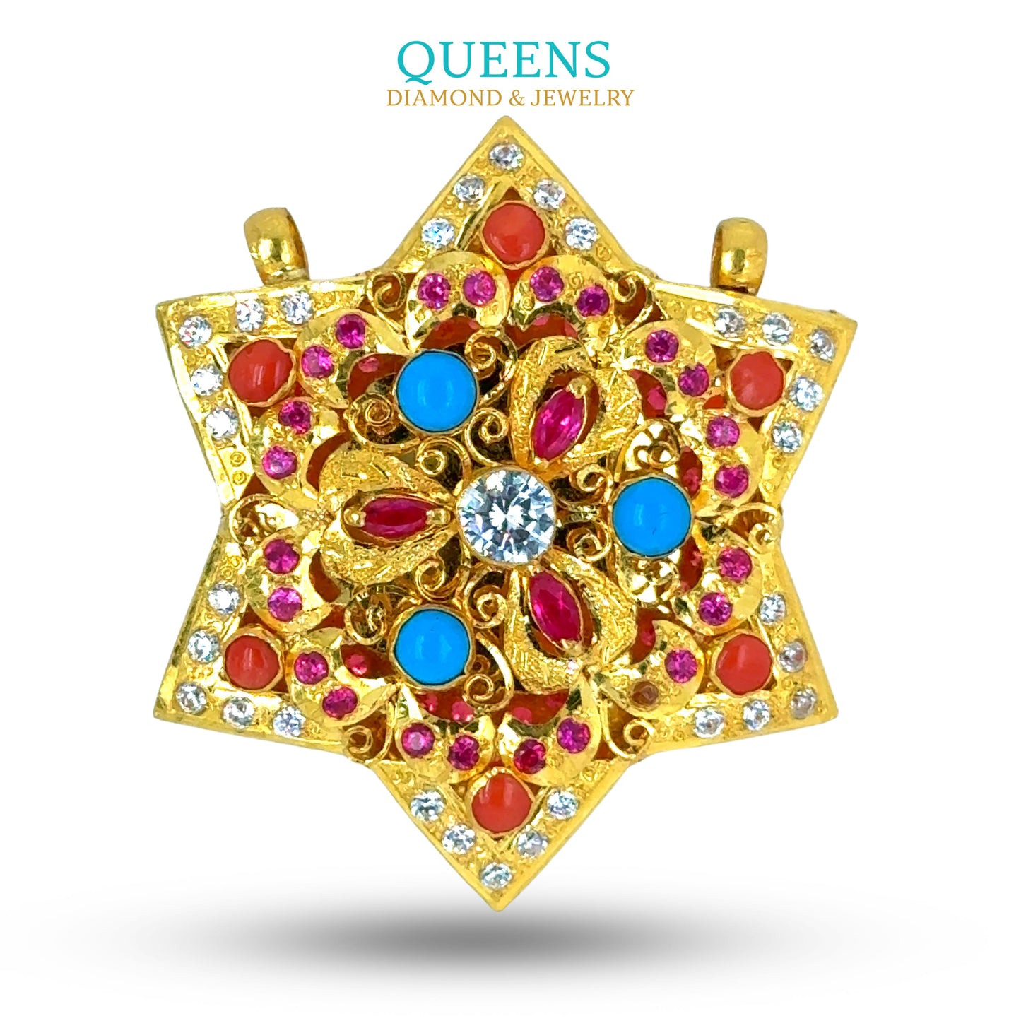 24KT Gold, Handmade Small Ghau with Coral, Turquoise & CZ Stones