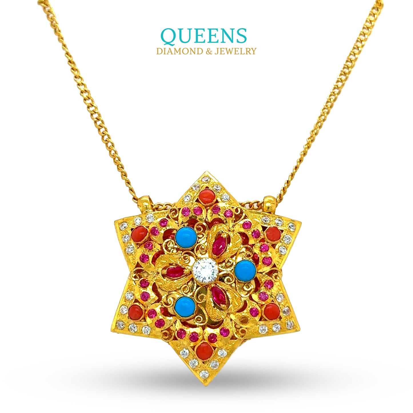 24KT Gold, Handmade Small Ghau with Coral, Turquoise & CZ Stones