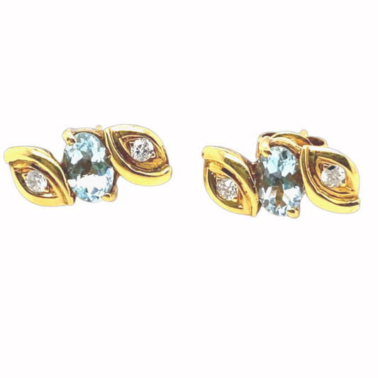 18KT Yellow Gold, Aqua Stones Diamond Earrings