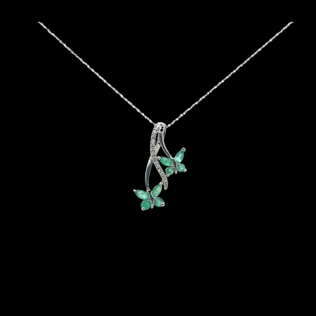 14KT White Gold, Dangling Created Emerald Butterfly Diamond Pendant