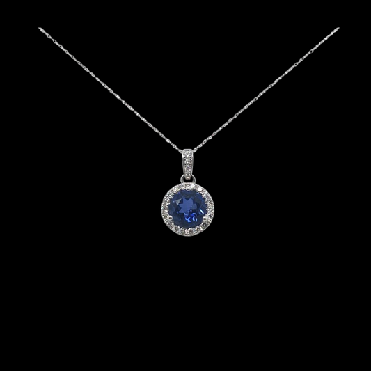 14KT White Gold, Created Blue Sapphire Diamond Pendant