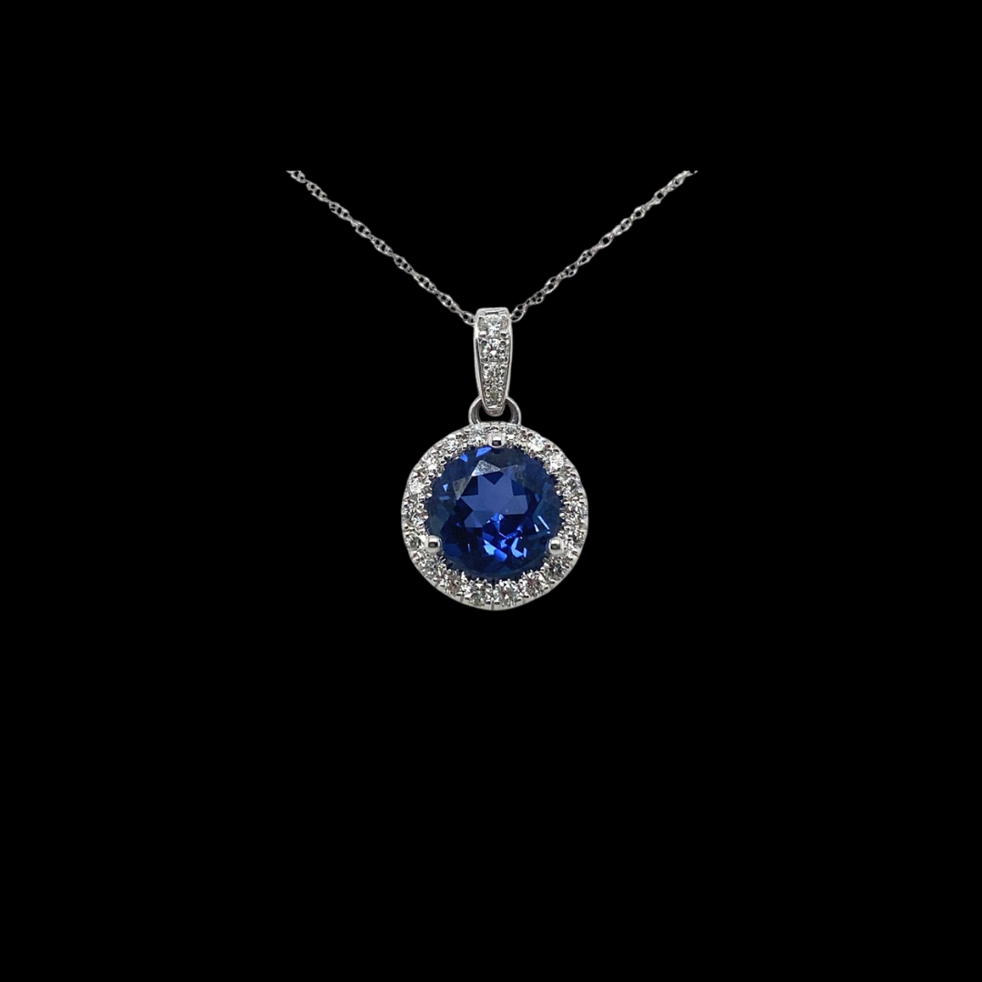 14KT White Gold, Created Blue Sapphire Diamond Pendant