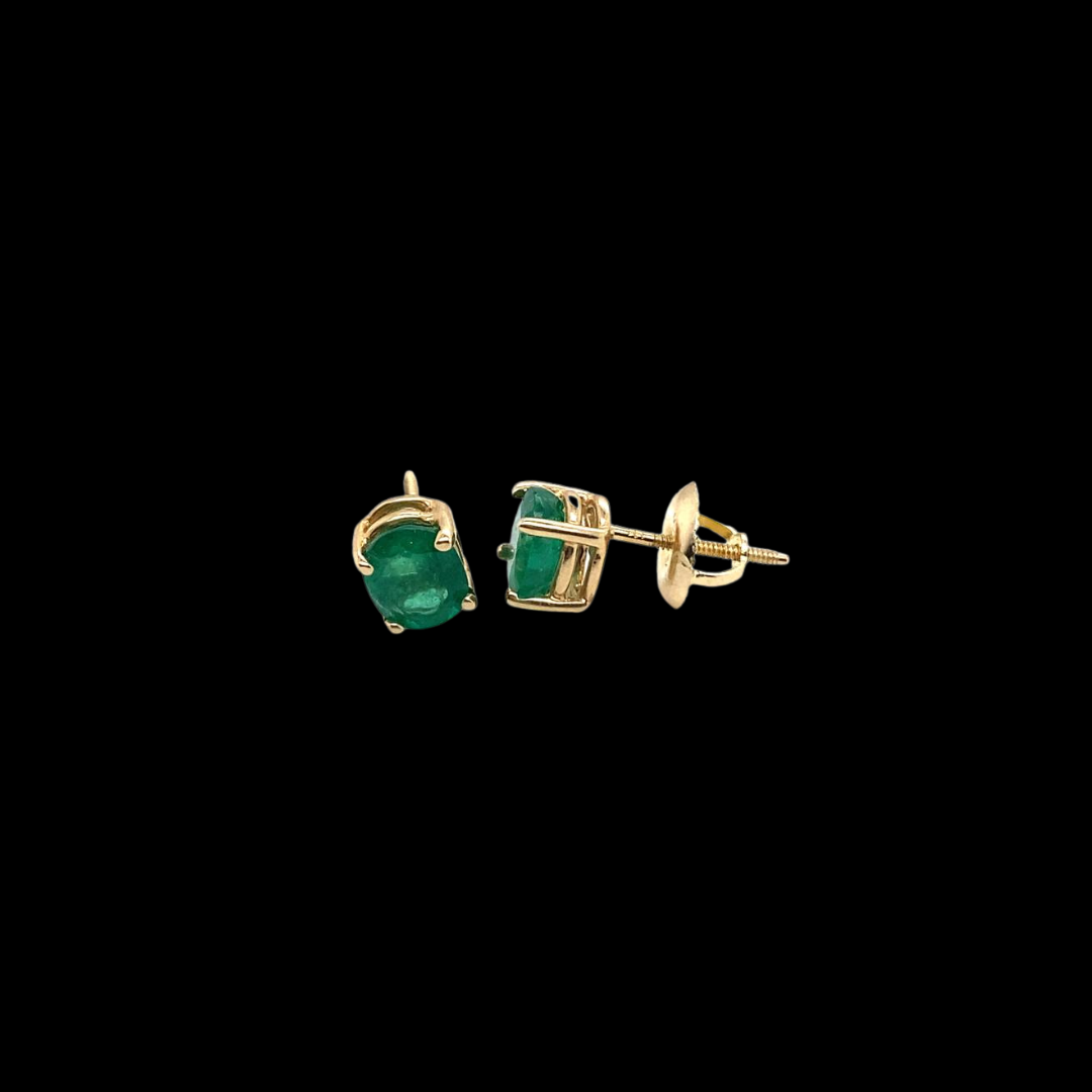 14KT Yellow Gold, Oval Emerald Earring Studs