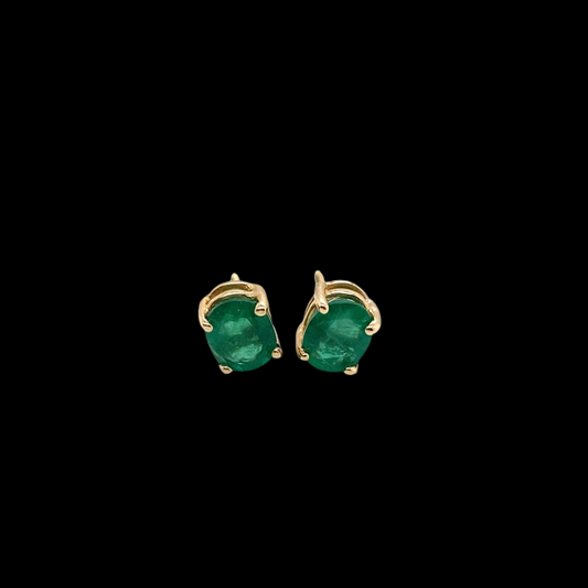 14KT Yellow Gold, Oval Emerald Earring Studs