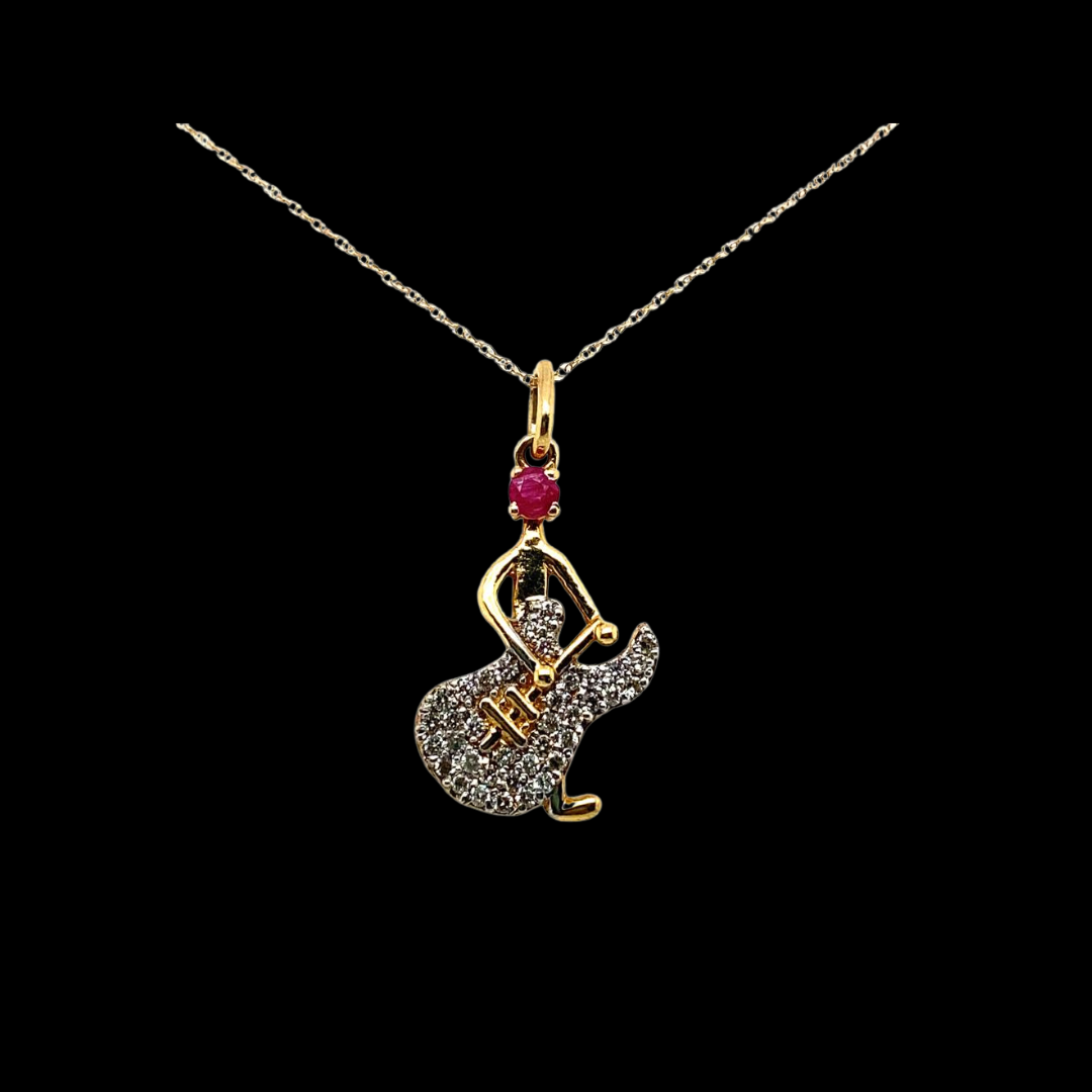 14KT Yellow Gold, Guitarist With Ruby Stones & Diamond Pendant