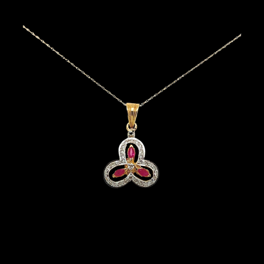 14KT White Gold, Leaf Design Ruby Stones Diamond Pendant