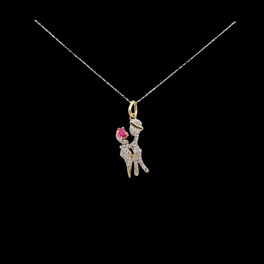 14KT Yellow Gold, 2 Figurines Studded in a Ruby Stone and Diamond Pendant
