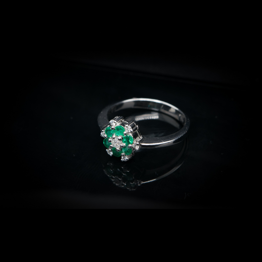 14KT White Gold, Flower Design with Emerald & Diamond Earrings