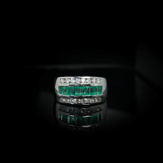 14KT White Gold, Emerald & Diamond Band Ring