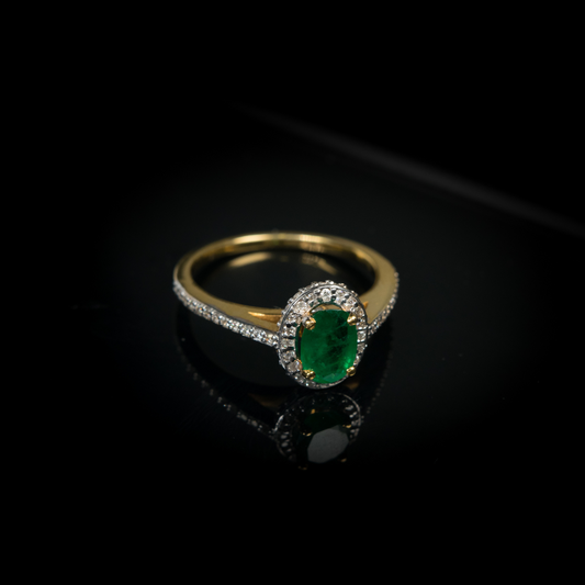 14KT Yellow Gold, Oval Emerald with Diamonds Engagement Ring