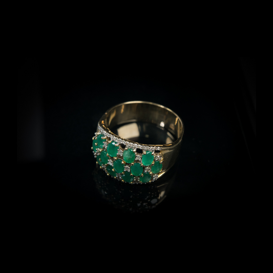 14KT Yellow Gold, Clustered Oval Natural Emeralds & Diamond Ring