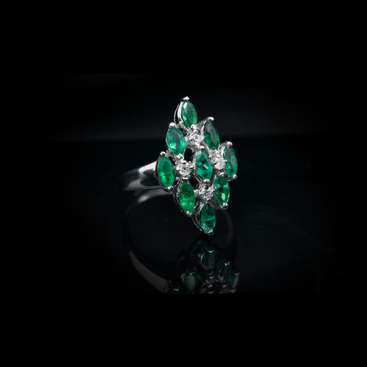14KT White Gold, Marquise Emerald and Diamond Ring
