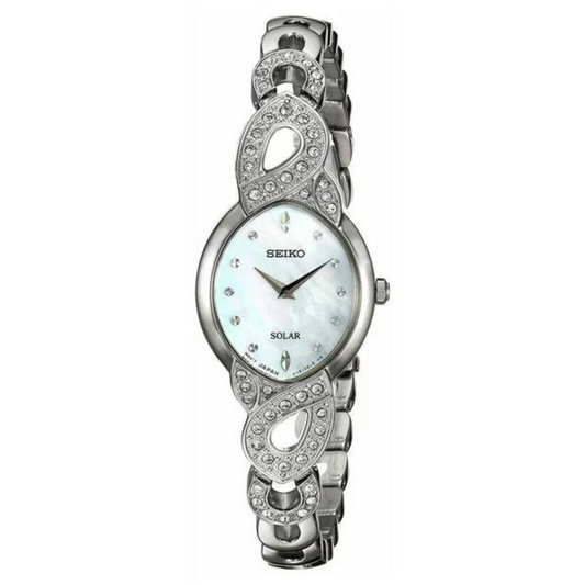 Seiko Solar Swarovski Crystal Accent Mother of Pearl Dial Women's Stainless Watch