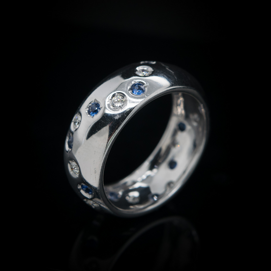 14K White Gold Diamond Ring with Flush Set Scattered Sapphire & Engagement Ring