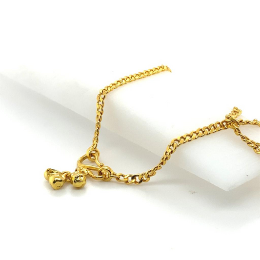 22KT Gold, Cuban Link Anklet with S lock & Three Bells