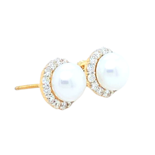 18KT Yellow Gold, Diamond Pearl Earrings