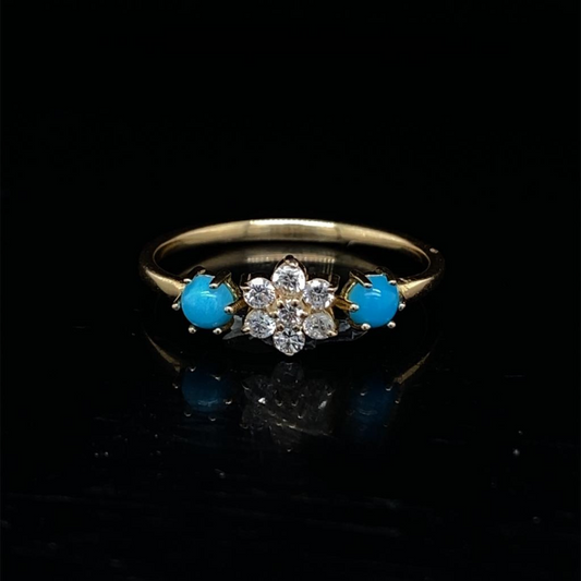 18k Yellow Gold, Turquoise Stones With Diamonds Ring