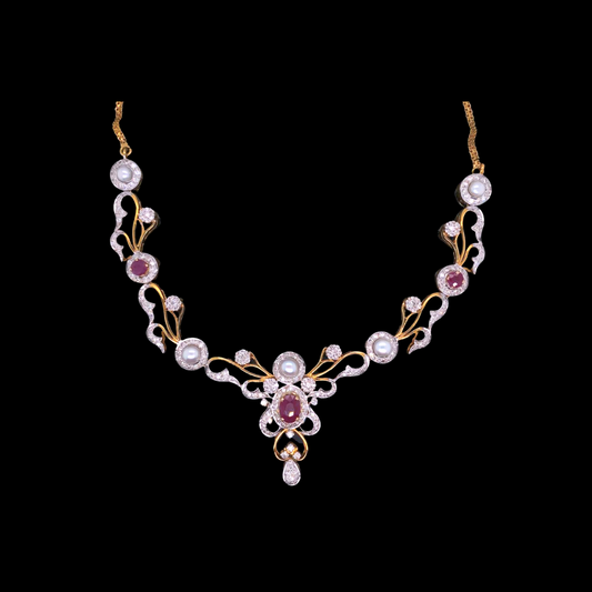 18K Gold, Ruby & Pearls Studed Diamond Necklace
