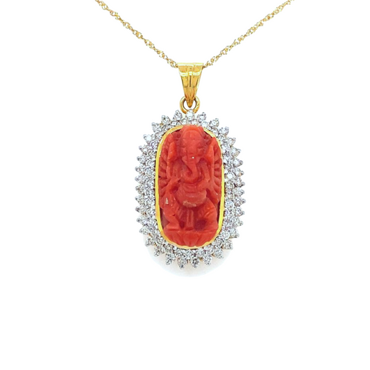 14KT Yellow Gold, Ganesh Coral Diamond Pendant