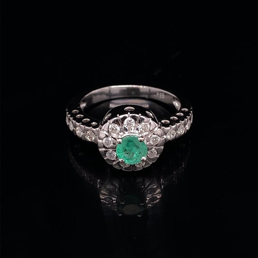 14KT White Gold, Mounted Emerald With Diamonds Engagement Rings