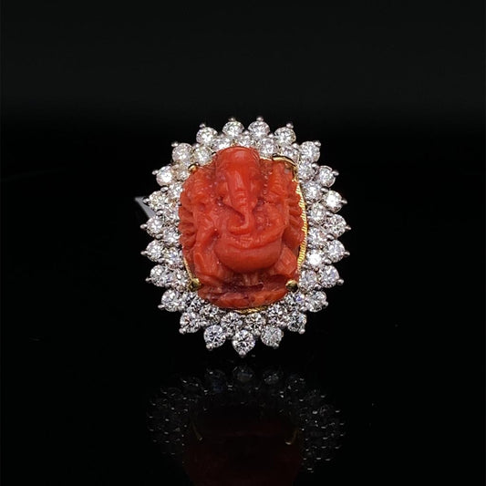 Double Halo Diamond and Coral Ganesh Ring in 18kt Yellow Gold