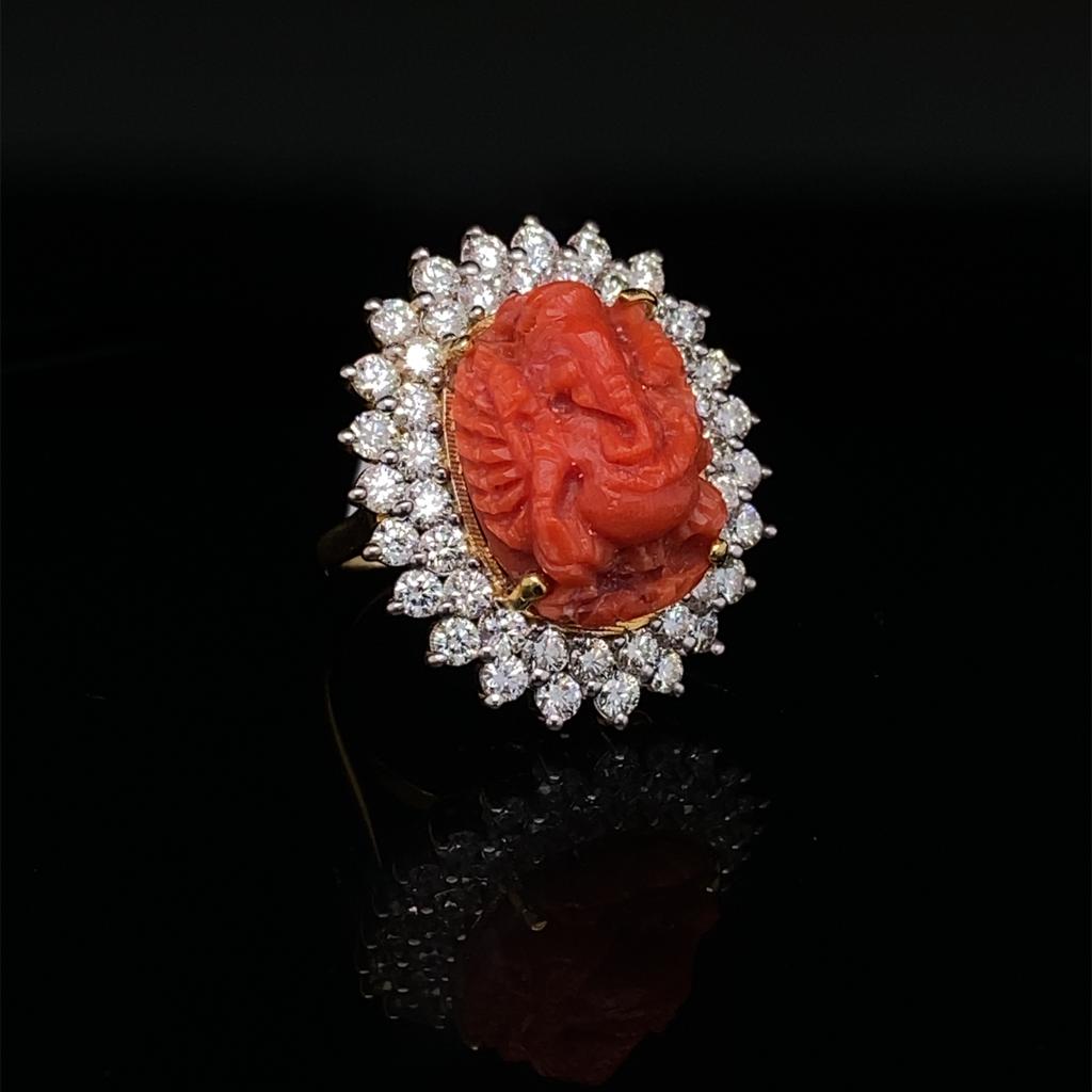 Double Halo Diamond and Coral Ganesh Ring in 18kt Yellow Gold
