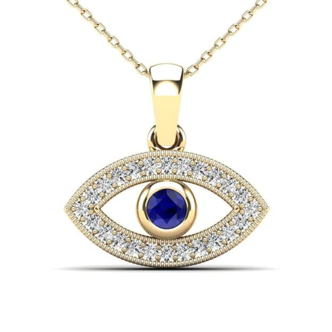 14K Yellow Gold 0.13ctw Diamond, Blue Sapphire Evil Eye Pendant