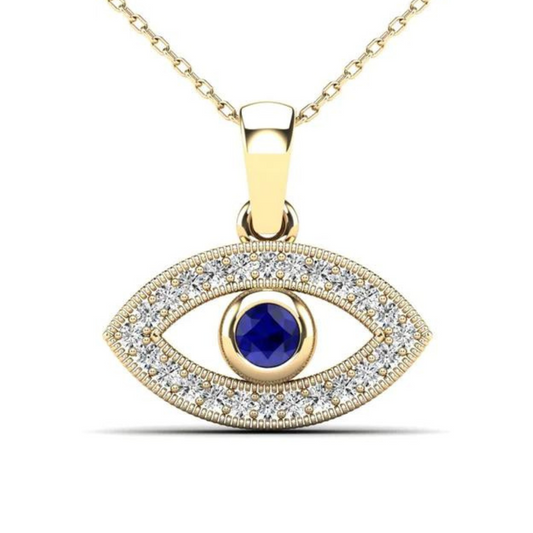 14K Yellow Gold 0.13ctw Diamond, Blue Sapphire Evil Eye Pendant