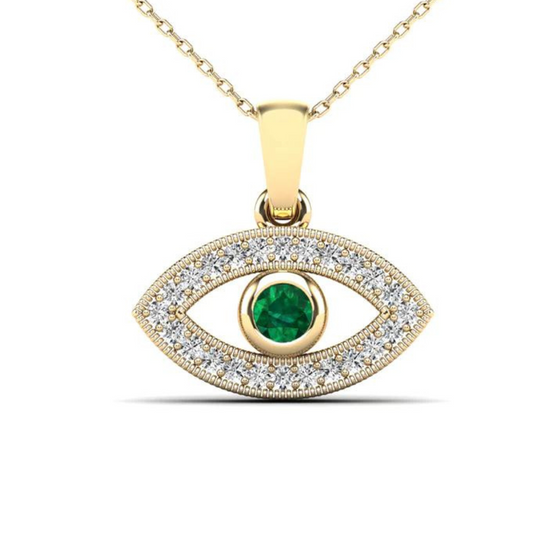 14K Yellow Gold 0.13ctw Diamond, Emerald Evil Eye Pendant