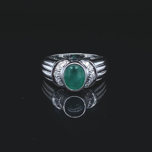 14K White Gold, Emerald & Diamond Halo Ring