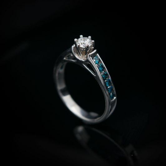 14K White Gold, Blue Diamond Ring With Center Piece