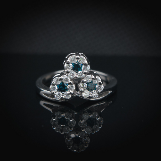 14K White Gold, Blue Diamond Triple Cluster Flower Ring