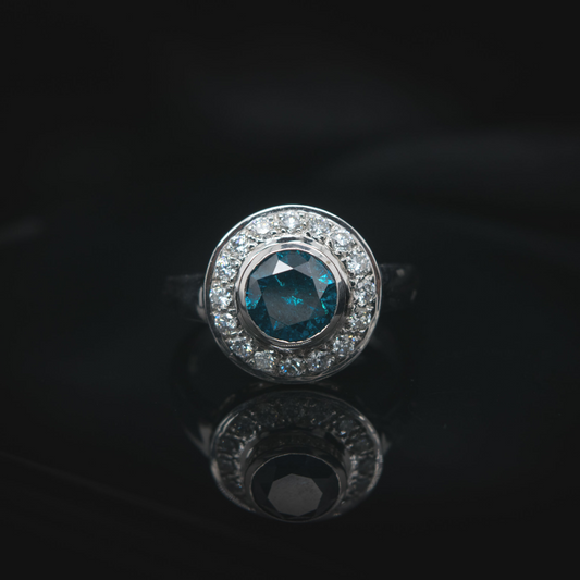 14K White Gold, Blue Diamond Halo Ring
