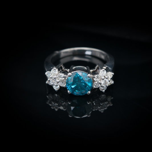 14K White Gold, Oval-Cut Blue Diamond Flower Ring