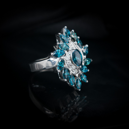 14K White Gold, Blue Diamond Flower Ring