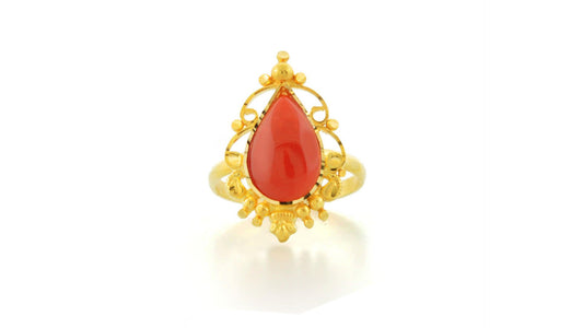 24K Gold Handmade Pear Drop Coral Ring - Queens Diamond & Jewelry