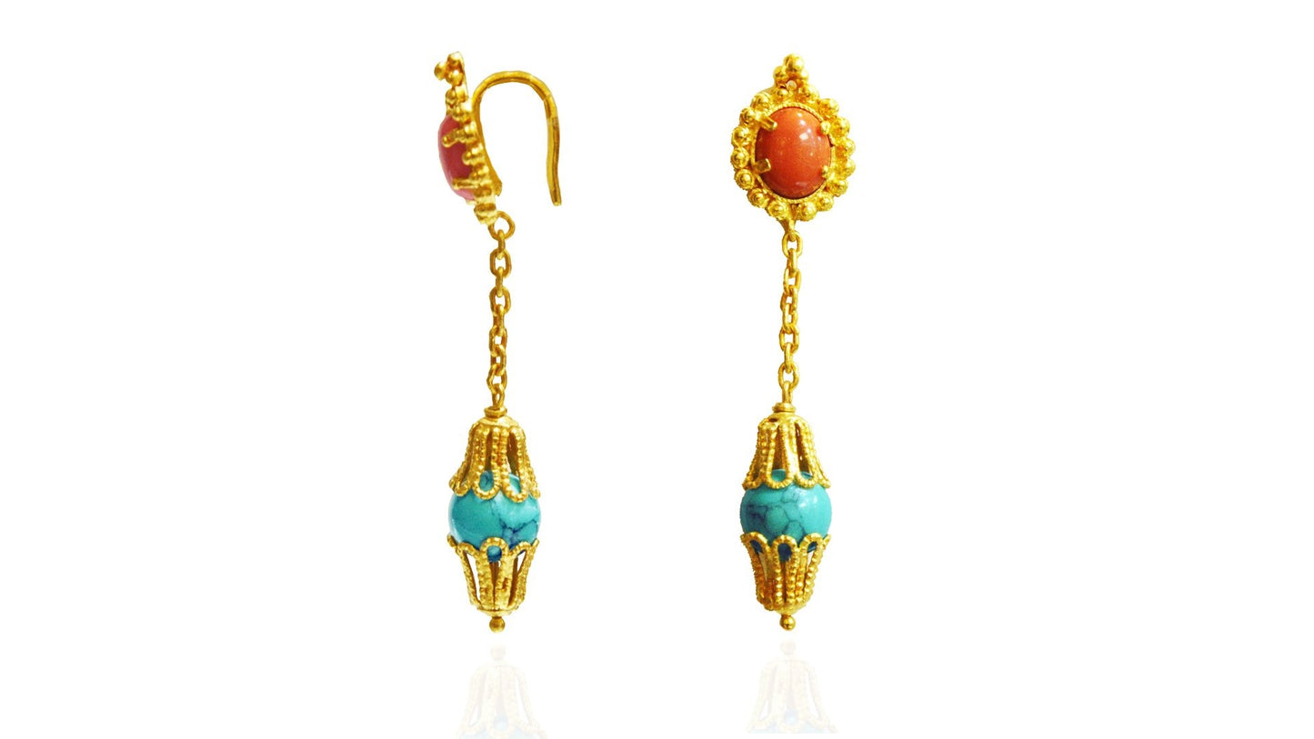 24K/22K Handmade Coral and Turquoise Earring - Queens Diamond & Jewelry