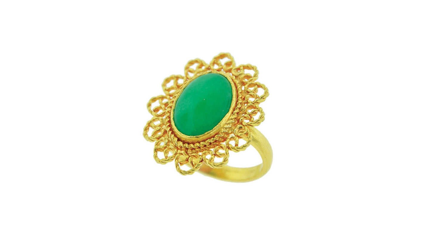 24K Gold Handmade Simple Green Stone Ring - Queens Diamond & Jewelry