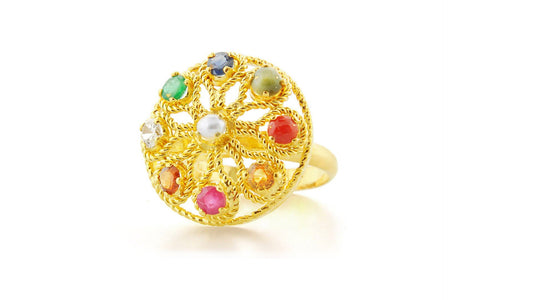 24K Gold Handmade Navaratna Ring - Queens Diamond & Jewelry