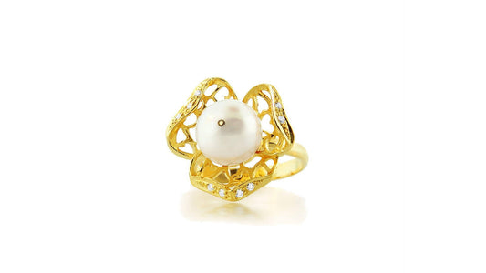 24K Gold Handmade Simple Design Pearl Ring - Queens Diamond & Jewelry