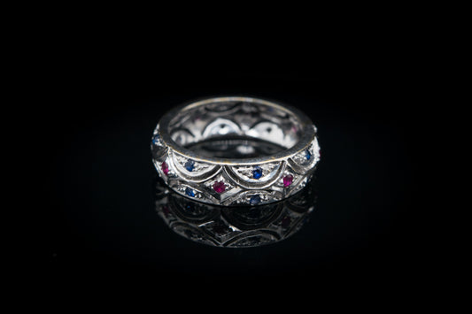 18K White Gold Diamond Ring with Scattered Sapphires and Rubies