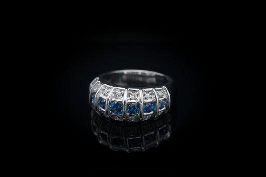 14K White Gold Three row Diamond Ring Centered With Sapphires