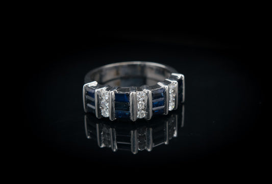 14K White Gold Diamond Ring with Alternating Sapphire Baguettes