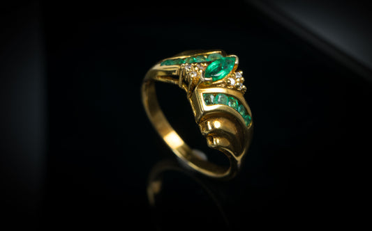 Genuine Emerald and Genuine Diamond Engagement Ring in 14kt Yellow Gold