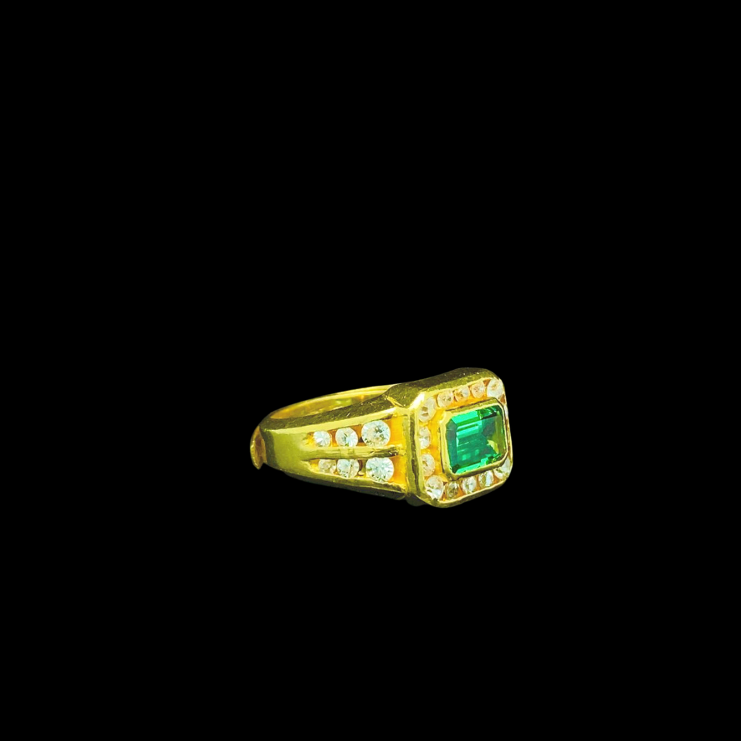 24KT Yellow Gold Ring With Emerald and CZ stones