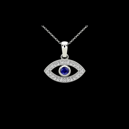 14K White Gold 0.13ctw Diamond, Blue Sapphire Evil Eye Pendant