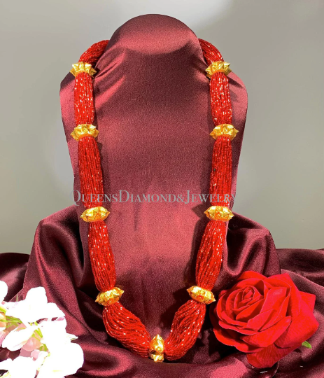 24kt Gold Handmade Naugedi Tilhari Necklace with Red Glass Beads