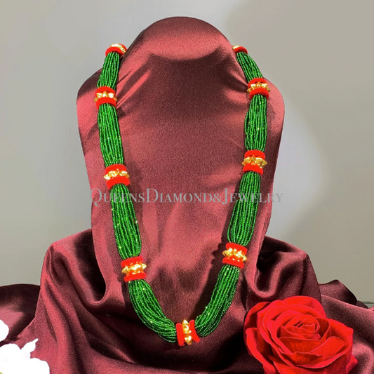 24kt Gold Handmade Naugedi Tilhari Necklace with Green Glass Beads