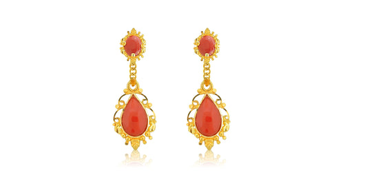 24K/22K Handmade Coral Pear Drop Earring - Queens Diamond & Jewelry